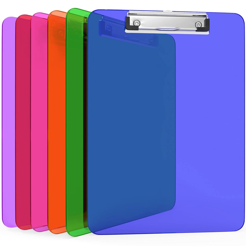 6 Pack Plastic Clipboards Colored Transparent Clear Clip Boards with Low Profile Metal Clip Board 12.5 x 9 Inch Letter Size Bulk Class Set Acrylic Clip Boards with Hanging Hook - Holds 100 Sheets